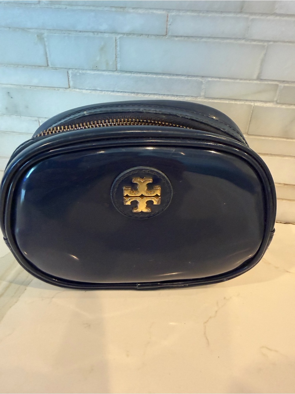 Tory Burch Glossy Navy Toiletry Bag Make Up bag with Gold Logo Accent